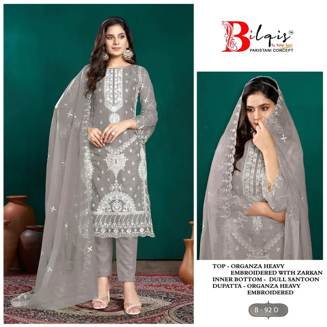 Bilqis B 92 A to D Organza Embroidery Pakistani Suit Wholesale Price In Surat
